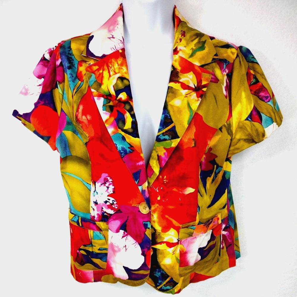 Toni Morgan Womens M Blazer Floral Short Sleeve Button Front Cotton Blend Jacket